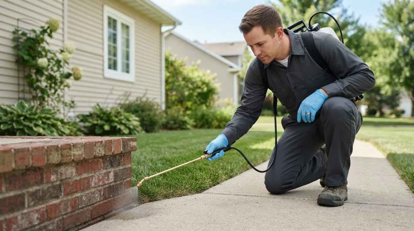 Pest control technician treating a home near Alto, MI