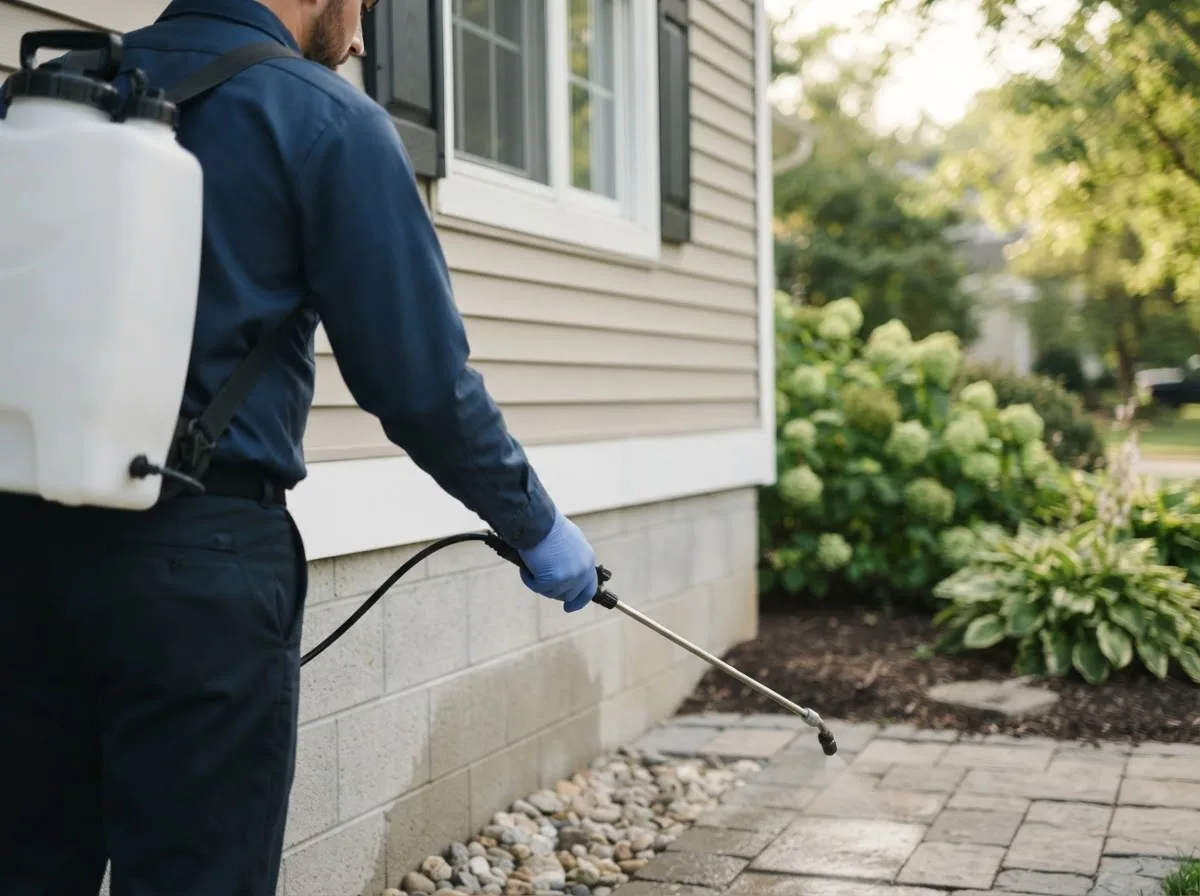 Pest control technician inspecting a home in Alto, MI